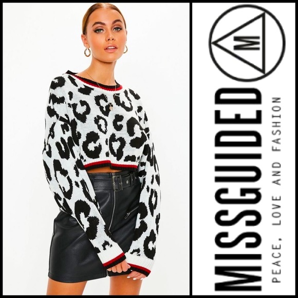 MissGuided White Leopard Cheetah Knit Crop Sweater - Picture 1 of 4